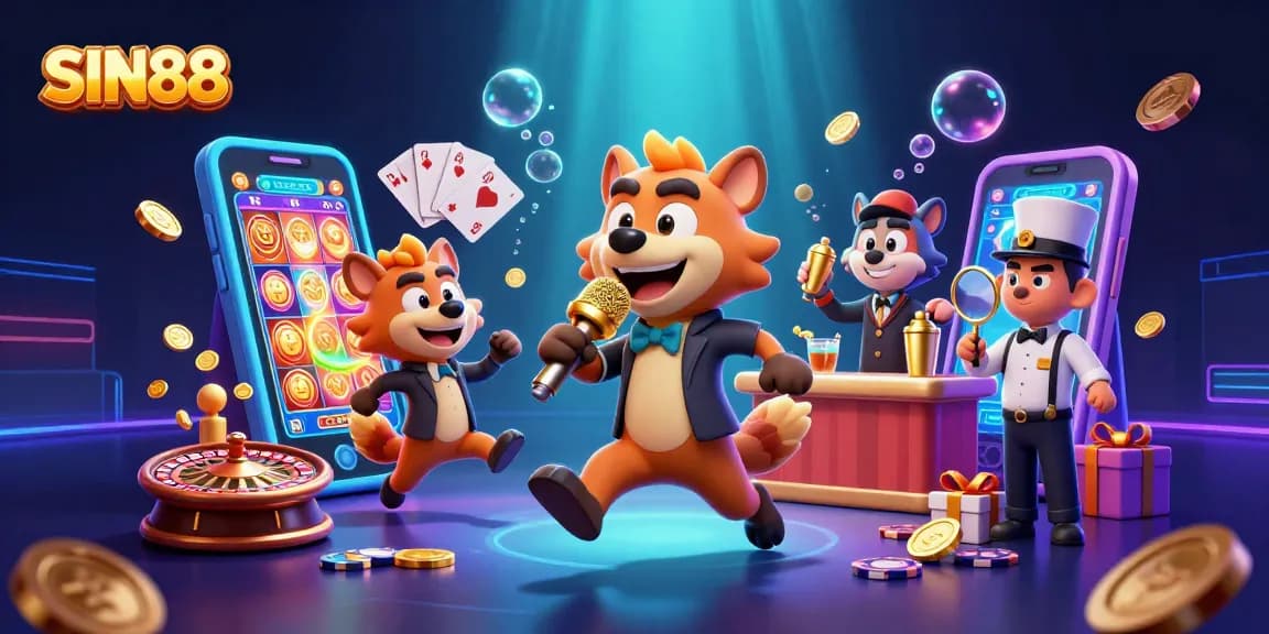 SIN88 hyena characters entertain in a comedy casino club with vibrant gaming elements.
