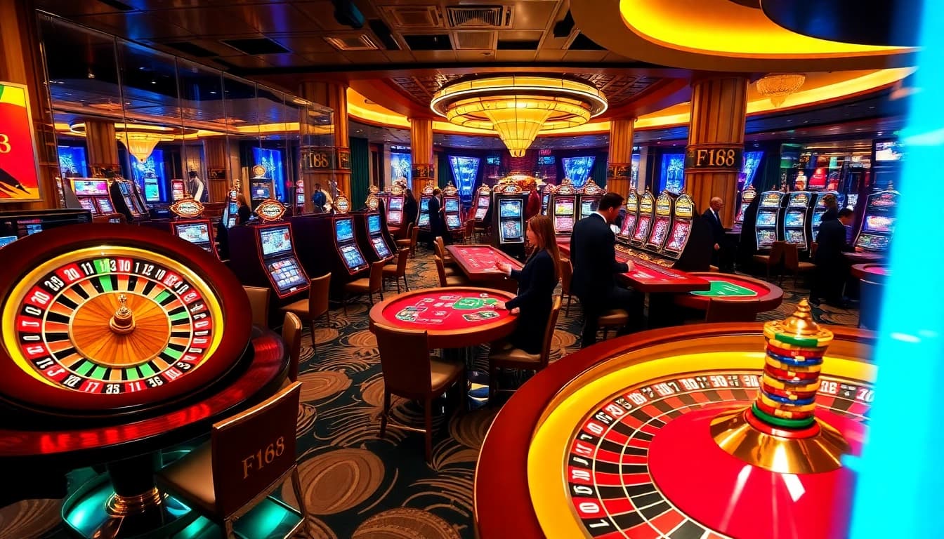 Experience the excitement at F168 casino with vibrant gaming tables and slot machines.