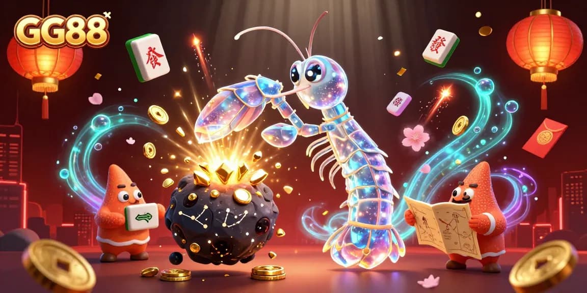 Experience GG88's exciting gambling universe with a 3D illustration of a galactic shrimp hero.