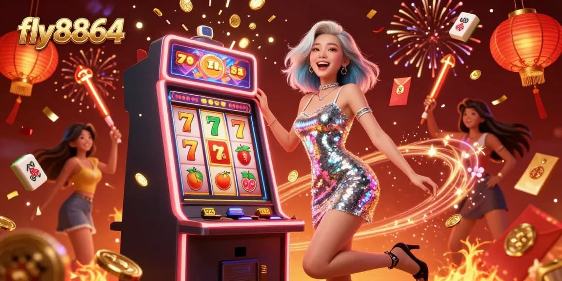 Experience big wins at fly8864's exciting slot machine with celebratory elements in a vibrant casino setting.