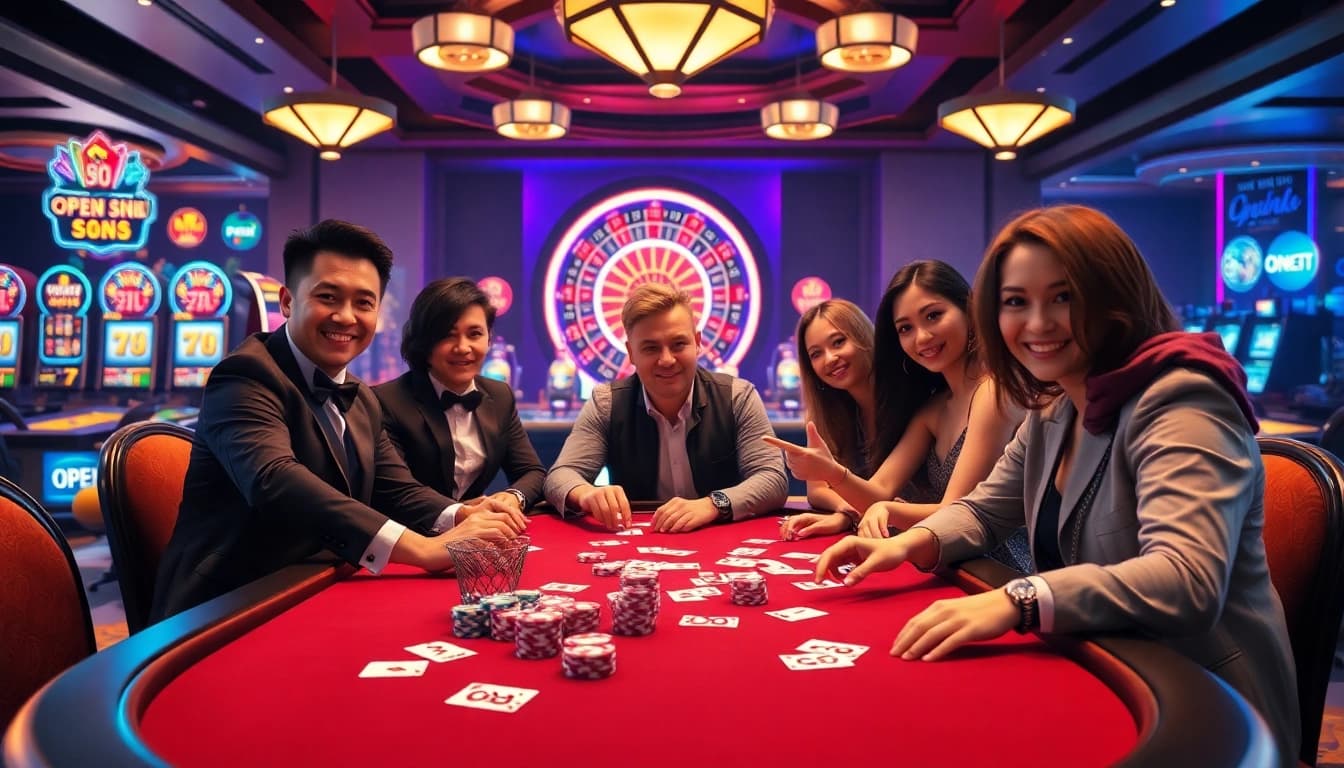 Engaged players at a poker table enjoying OPEN 88 with vibrant poker chips in a luxurious casino setting.