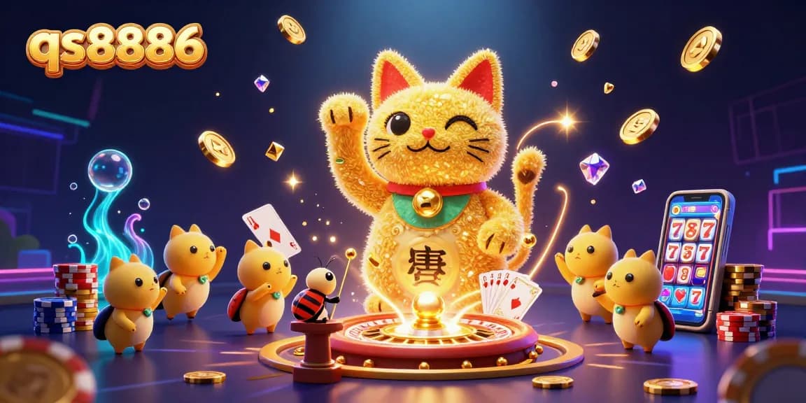 Engage with qs8886's rich casino elements featuring a dynamic lucky cat, golden coins, and vibrant gaming symbols.