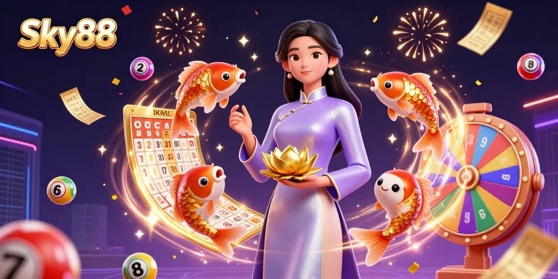 Experience the excitement of Sky88 with a vibrant 3D casino scene showcasing dynamic lottery elements and a stunning Asian character.