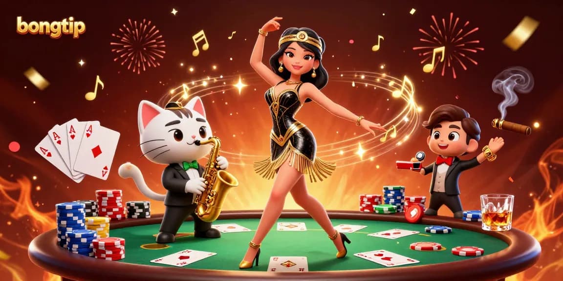 Bongtip showcases a lively casino scene with elegance, poker elements, and festive energy.