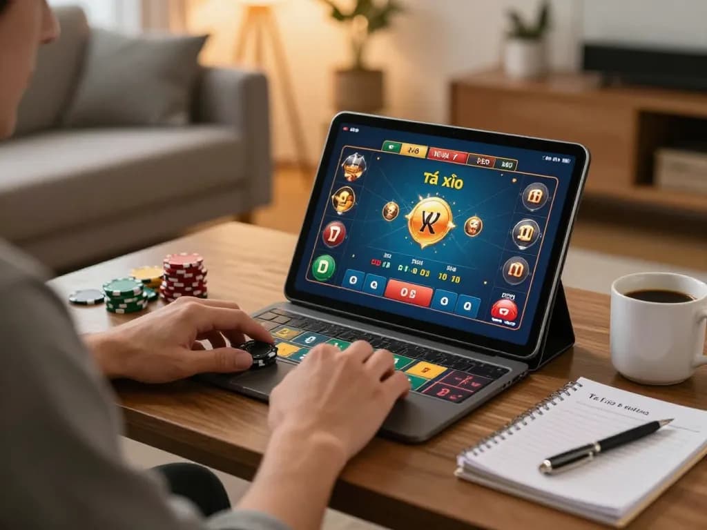 Engaged player enjoying tài xỉu online on a tablet in a cozy living room, showcasing responsible gambling practices