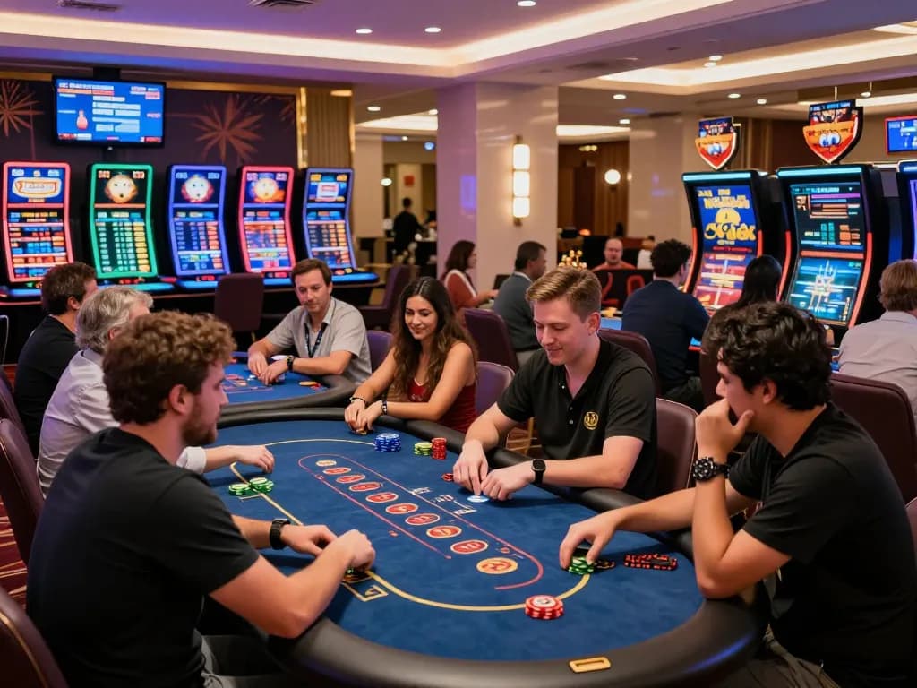 Players enjoying a lively game at 23win's online casino, surrounded by vibrant lights and interactive screens.