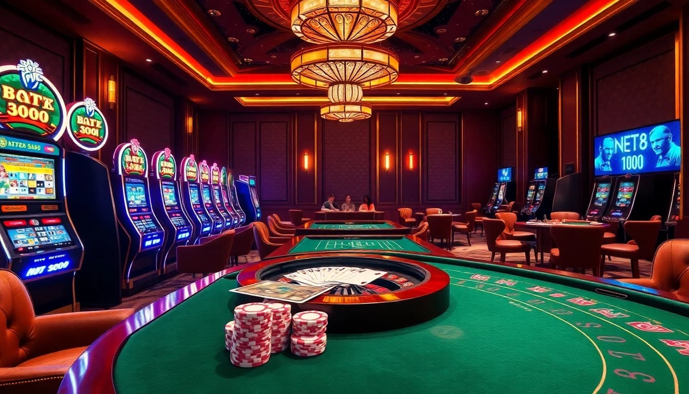 NET88 online gamblers placing bets at a luxurious casino table amidst vibrant gaming action.