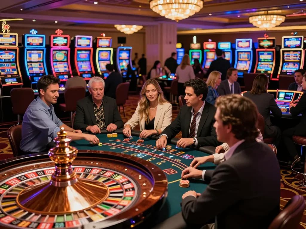 NoHu casino floor alive with players engaging in roulette and blackjack under vibrant lights.