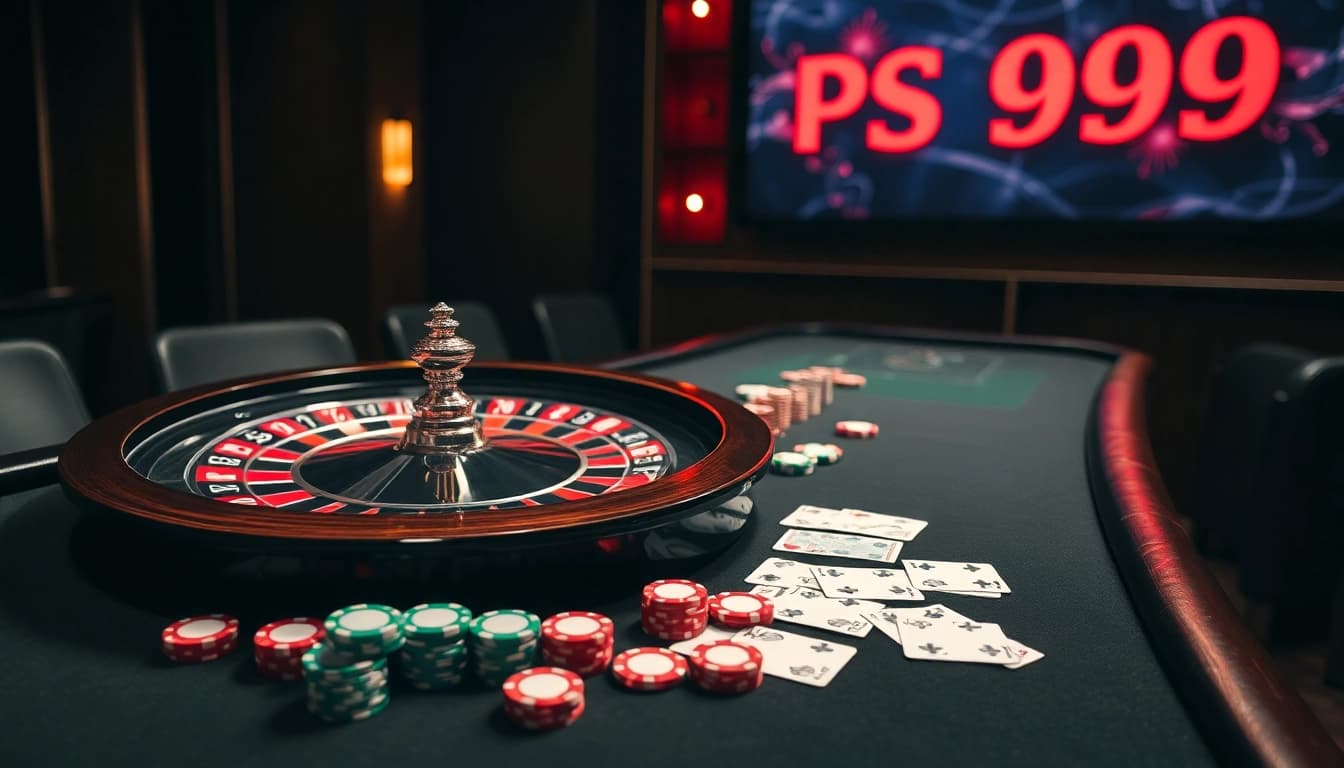 Experience the thrilling casino atmosphere at PS 99 with vibrant poker chips and roulette action.