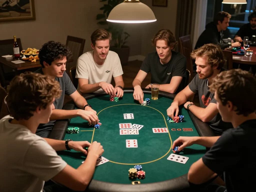 Friends enjoying a poker night at home, playing HB88 in a lively atmosphere.