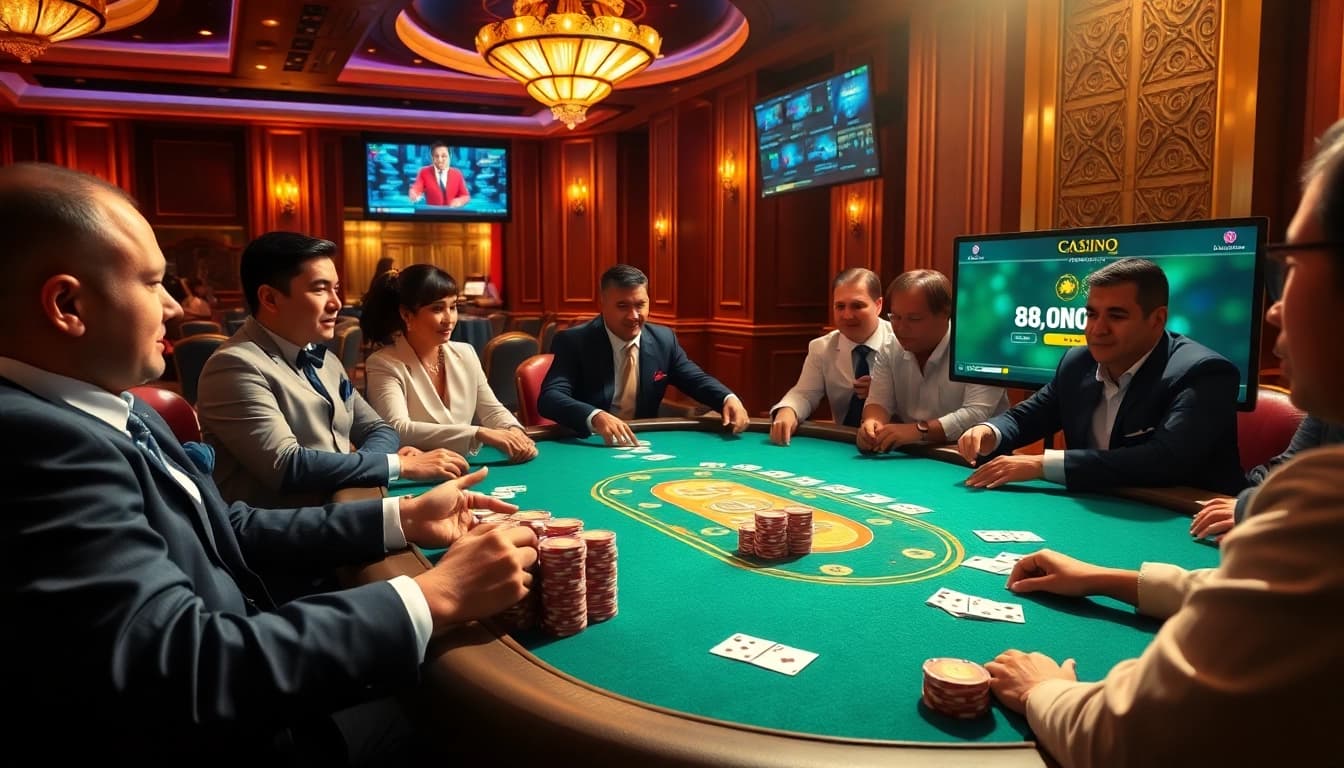 Engaging players at a poker table in a luxurious setting, highlighting https://88new.autos/ for online gambling.
