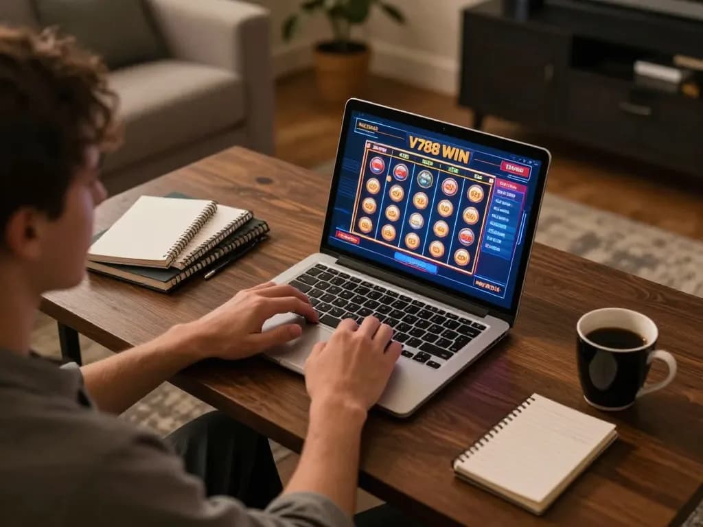 Player winning big with v788 WIN on laptop screen in cozy online gaming setup
