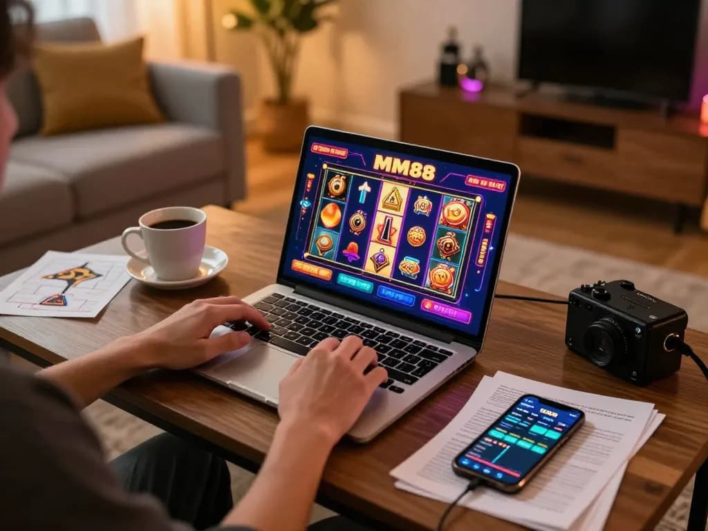Engaged player using MM88 platform on laptop in cozy living room for online gaming