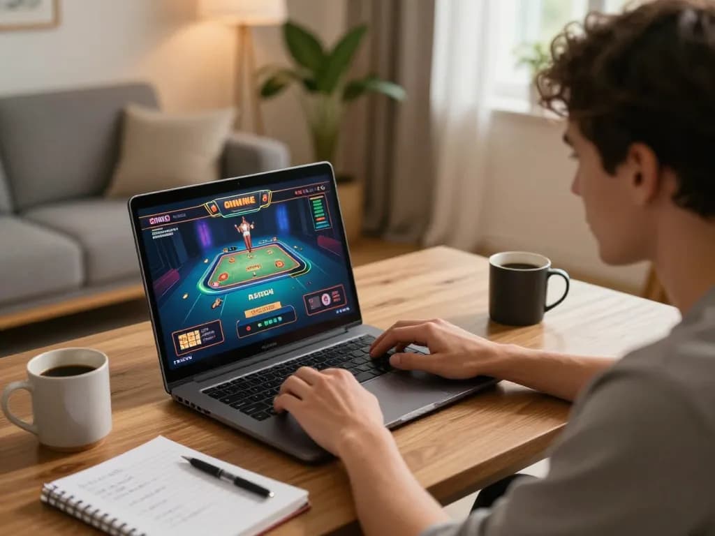 Experience strategic gameplay on 23Win with a cozy online casino setup showcasing a player engaged in the action
