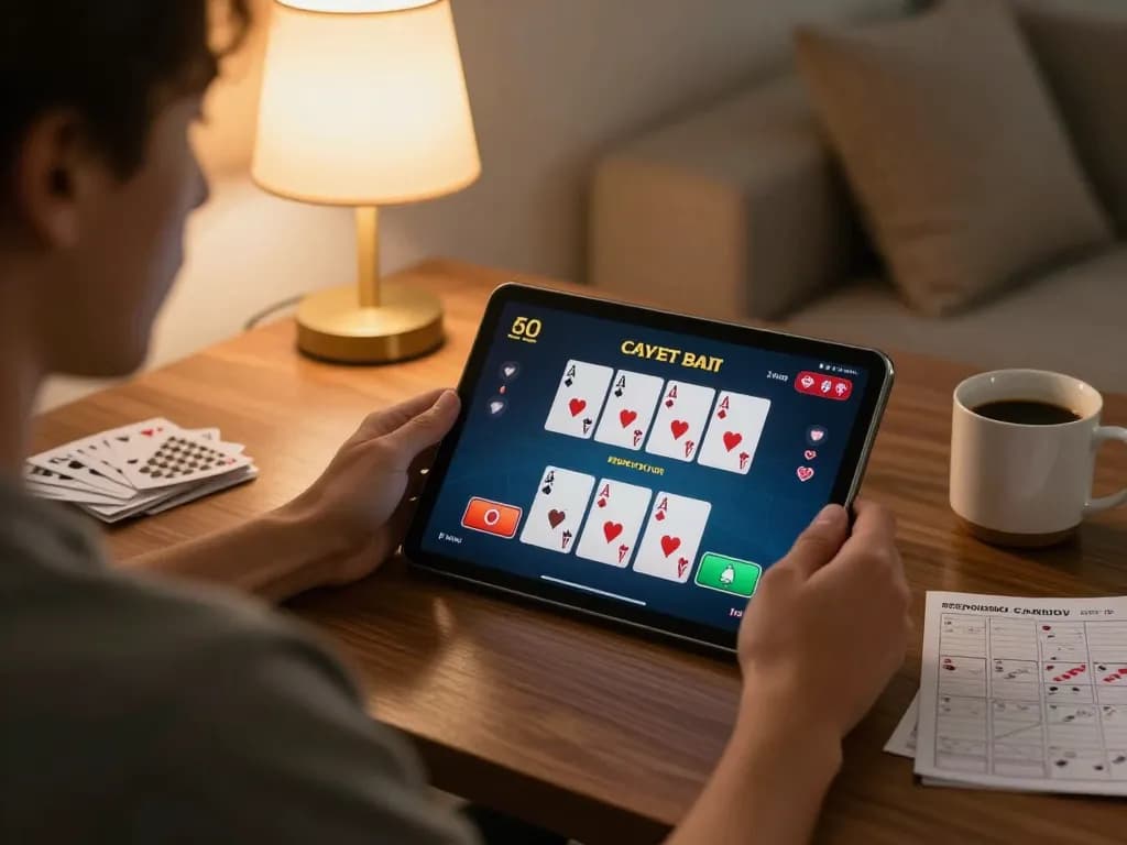 8day player enjoying blackjack on tablet in cozy home setting with strategy notes.