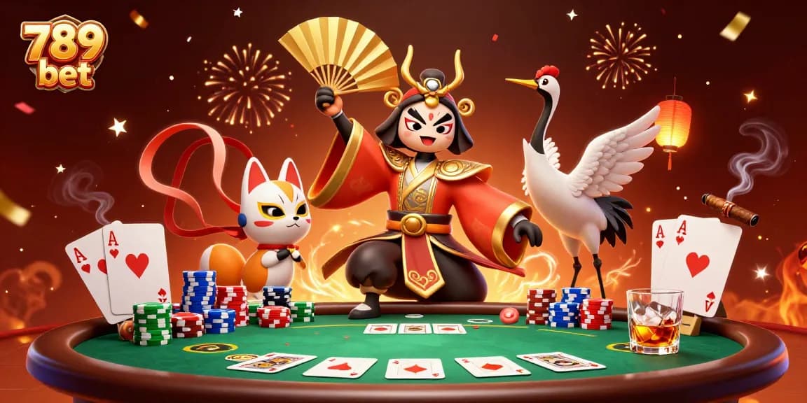 A vibrant gaming scene featuring 789 bet with a kabuki warrior and kitsune, surrounded by poker elements.