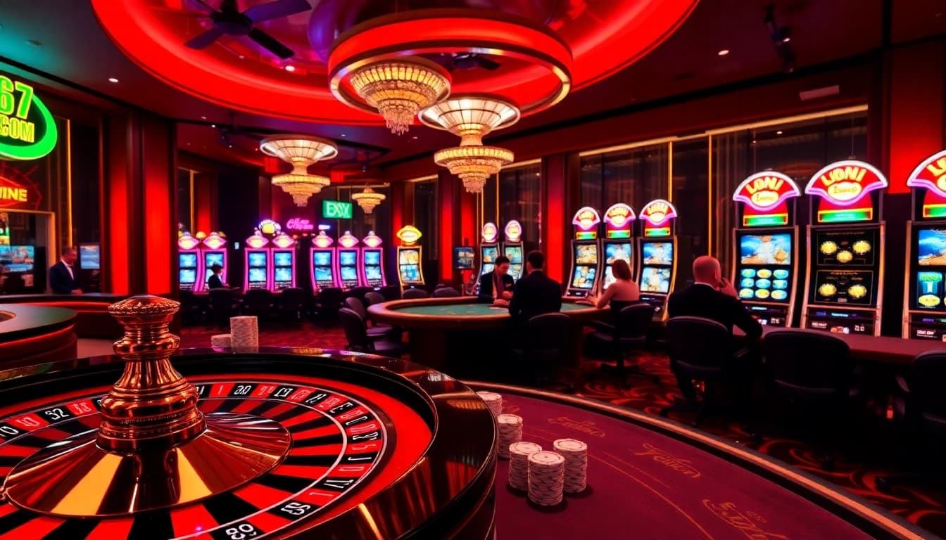 Experience the excitement of high-stakes gaming at NK88 COM with vibrant casino visuals featuring roulette and poker tables.