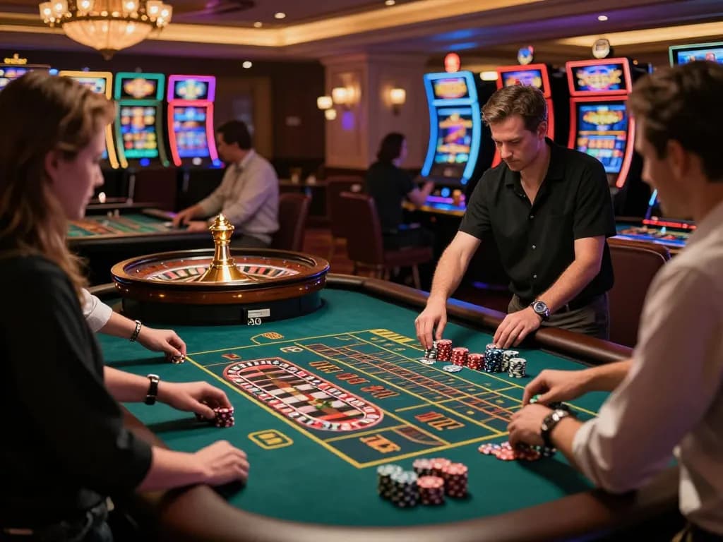 Players enjoying an exhilarating roulette game at fly88's live casino, filled with excitement and vibrant lights.