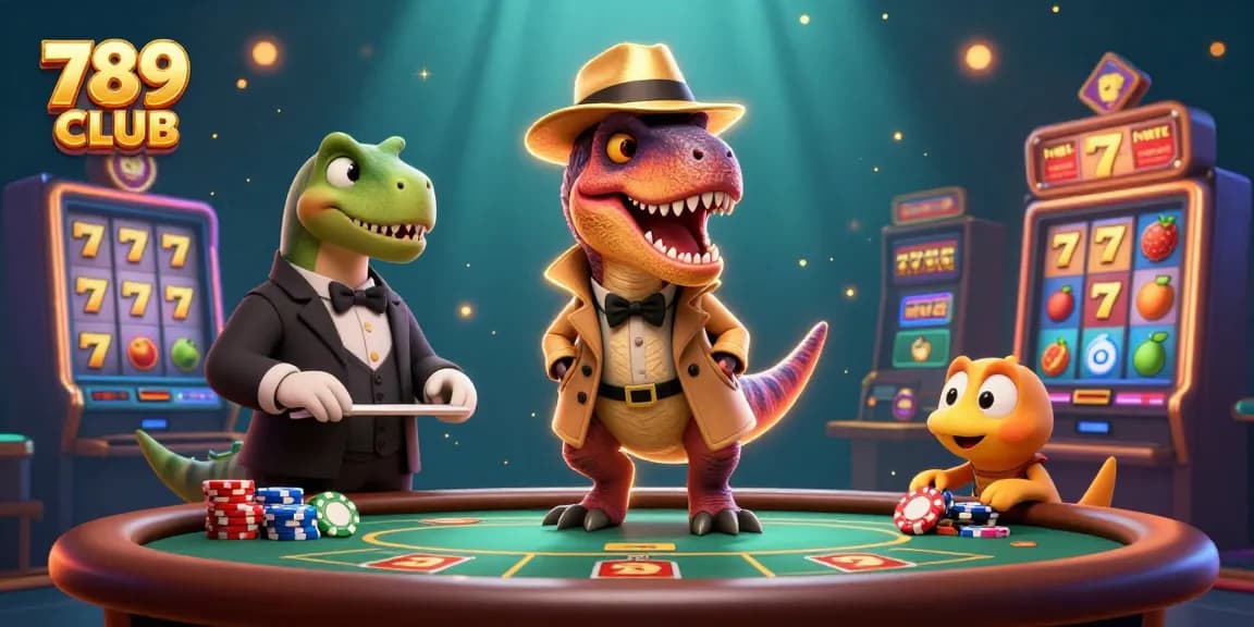 Experience the thrill of 789 CLUB with a cartoon velociraptor card counter at a lively blackjack table.