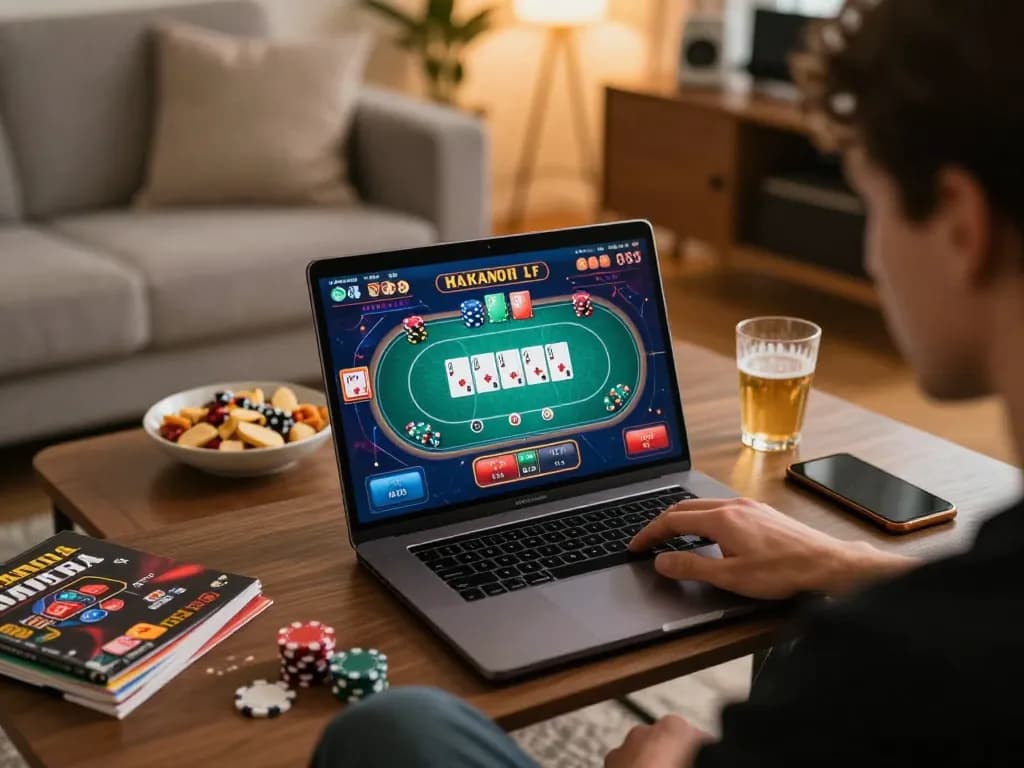 Engaged player on https://www.atqvn.com/ enjoying online poker game in comfortable home setting.