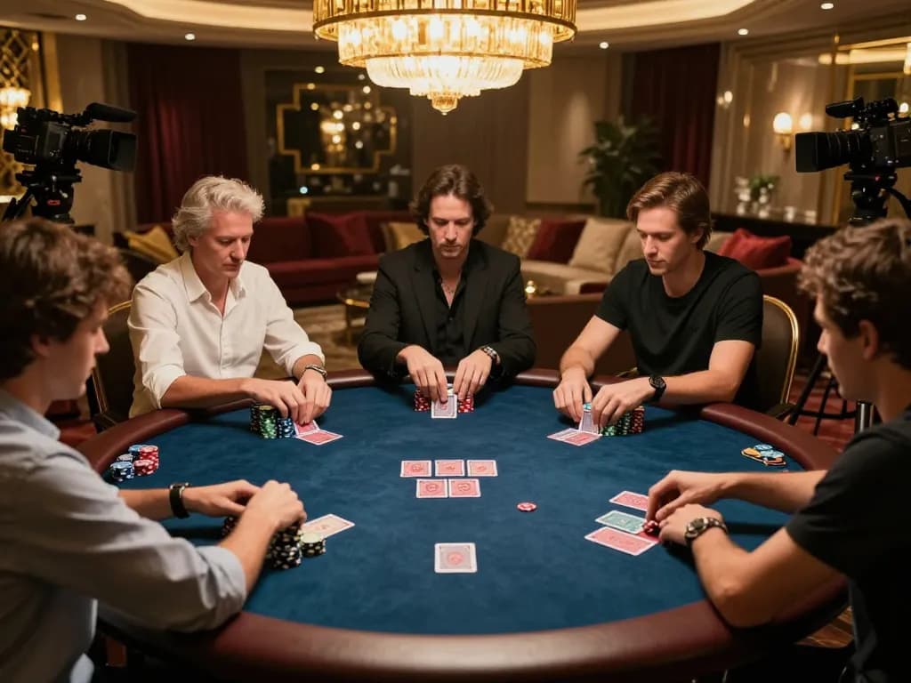 Players strategizing during an intense FIVE88 poker game in an upscale high-roller room.