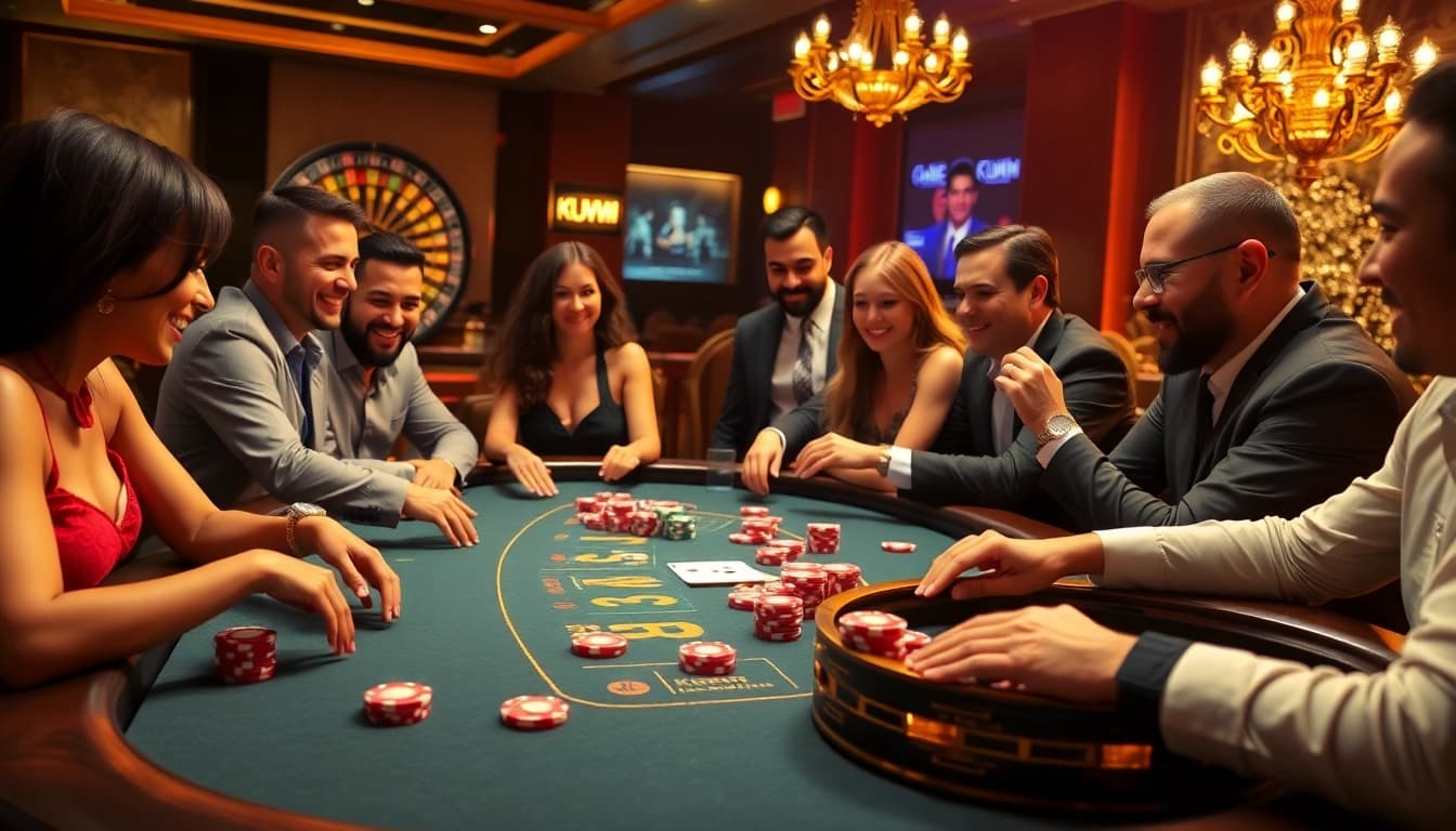 KUWIN players enjoying a thrilling poker game at a luxurious casino table with vibrant chips and cards.