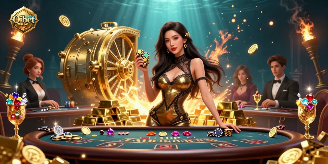Qibet casino illustration featuring an Asian woman at a baccarat table, showcasing glamorous gameplay.