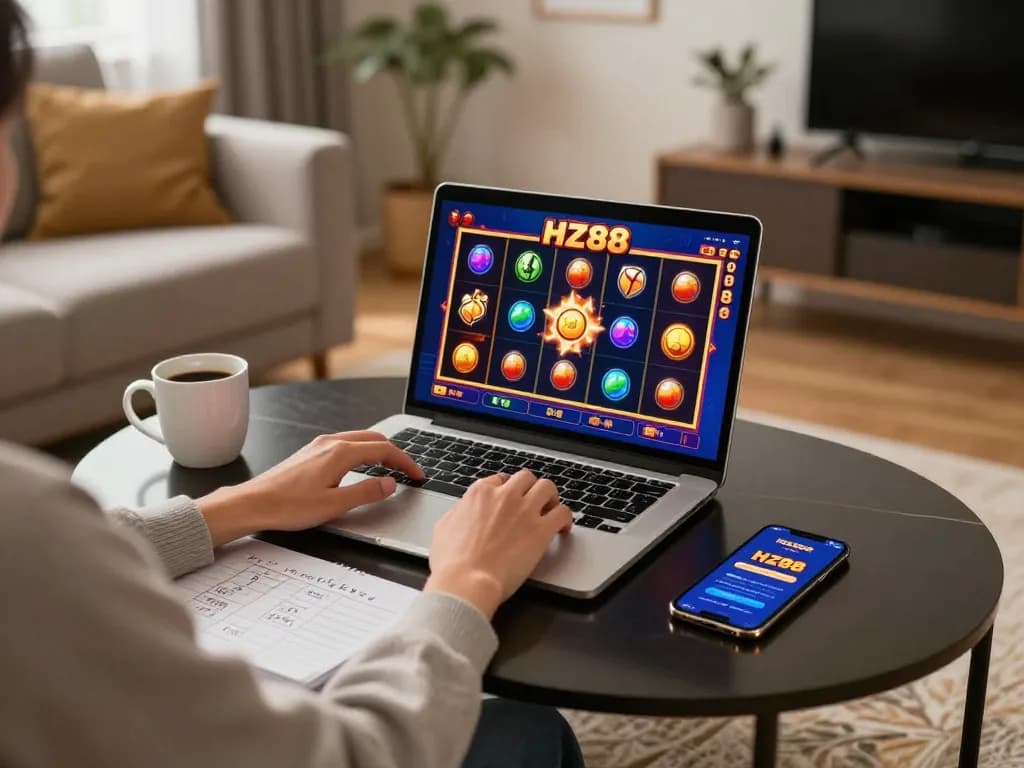 Play exciting HZ88 slot games on a cozy home setup with laptop and smartphone.