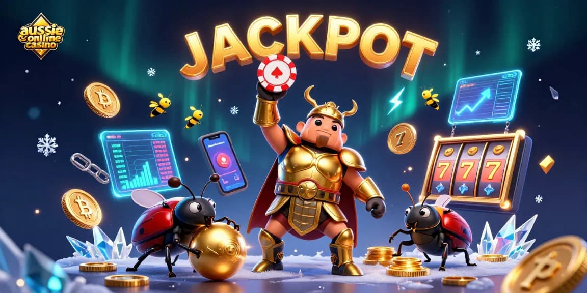 Play for fun at the aussie online casino, where golden armor beetles celebrate winning with jackpot symbols and crypto elements.