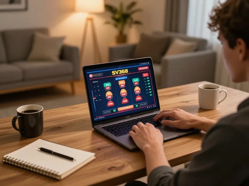 Engaging in online gambling at Sv368 with strategic gameplay in a cozy home setting.
