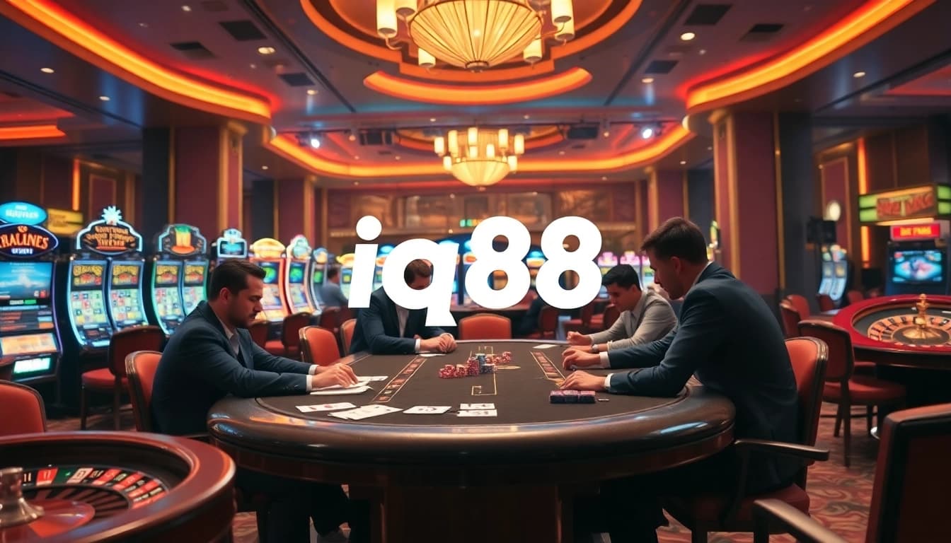 Players enjoying poker at a luxury table in the IQ88 online gaming casino experience.