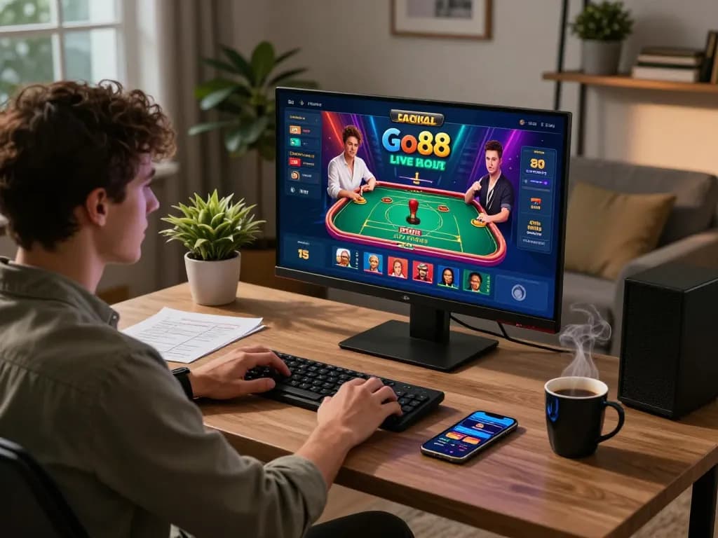 Engaging scene of a player using Go88 in a stylish home office to enjoy live casino games.