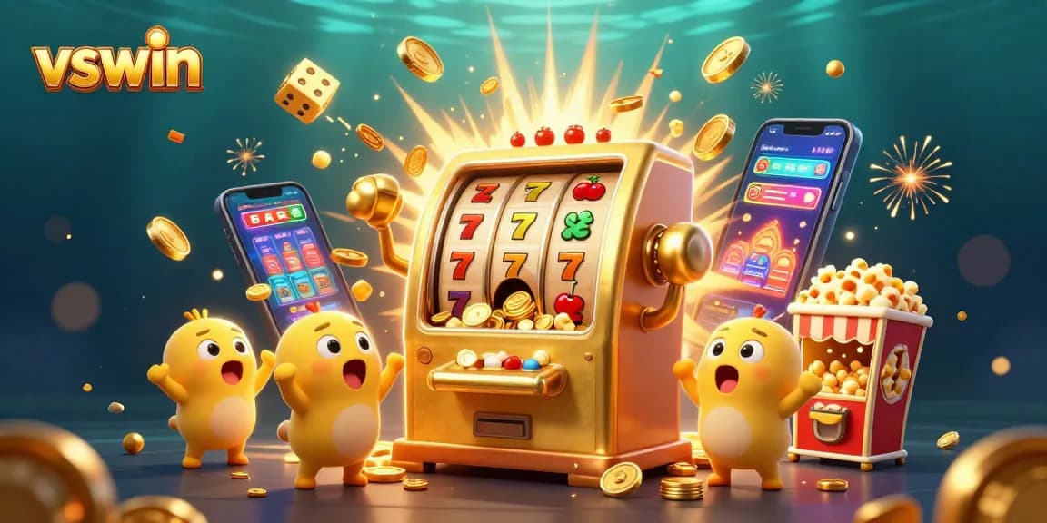 Experience thrilling wins at vswin with a vibrant 3D slot machine scene showcasing dynamic gameplay and excitement.