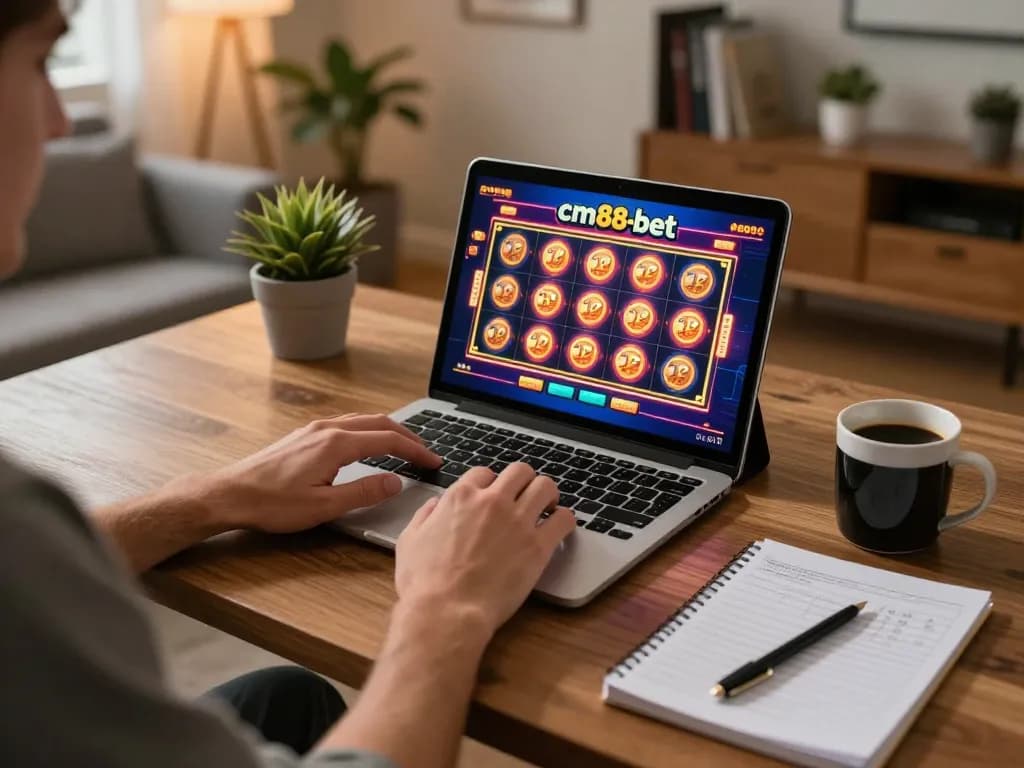 Engaging scene of a player enjoying cm88-bet's online casino on a tablet, showcasing a vibrant slot game experience