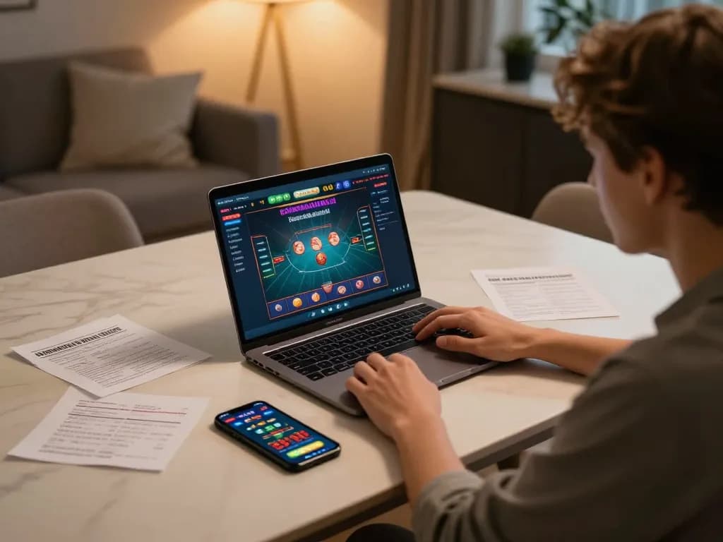 Lô Đề Uy Tín player strategizing with laptop and smartphone in cozy home setup.