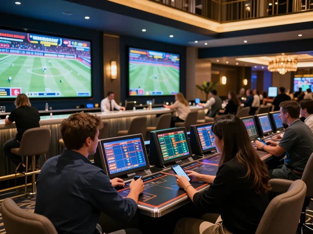 Bettors engaging with BJ88 sportsbook, analyzing odds in a lively casino atmosphere