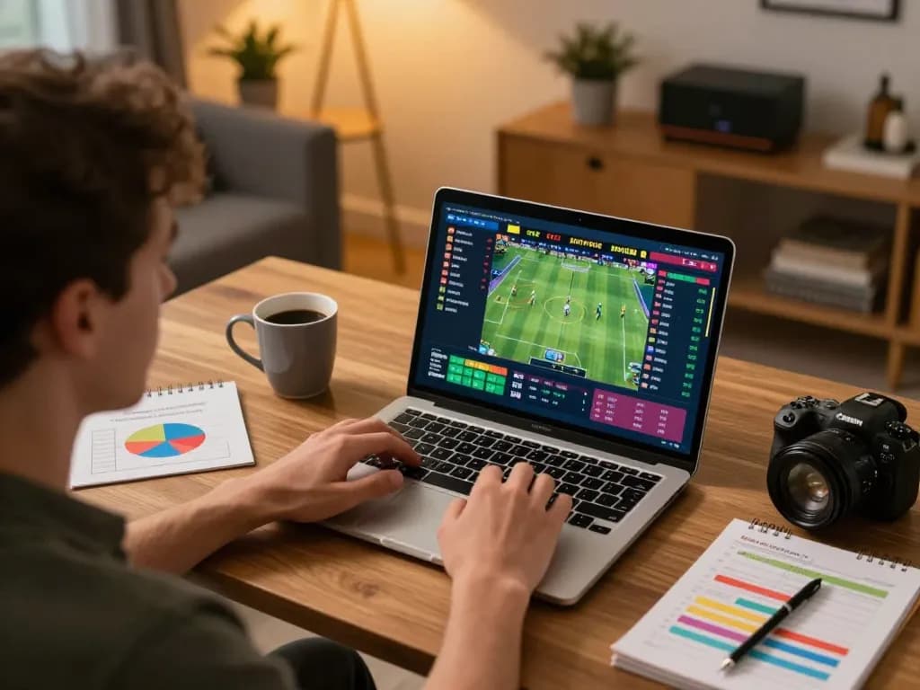 Player engaged in online betting on bu88, analyzing live game statistics with a laptop in a cozy setting.