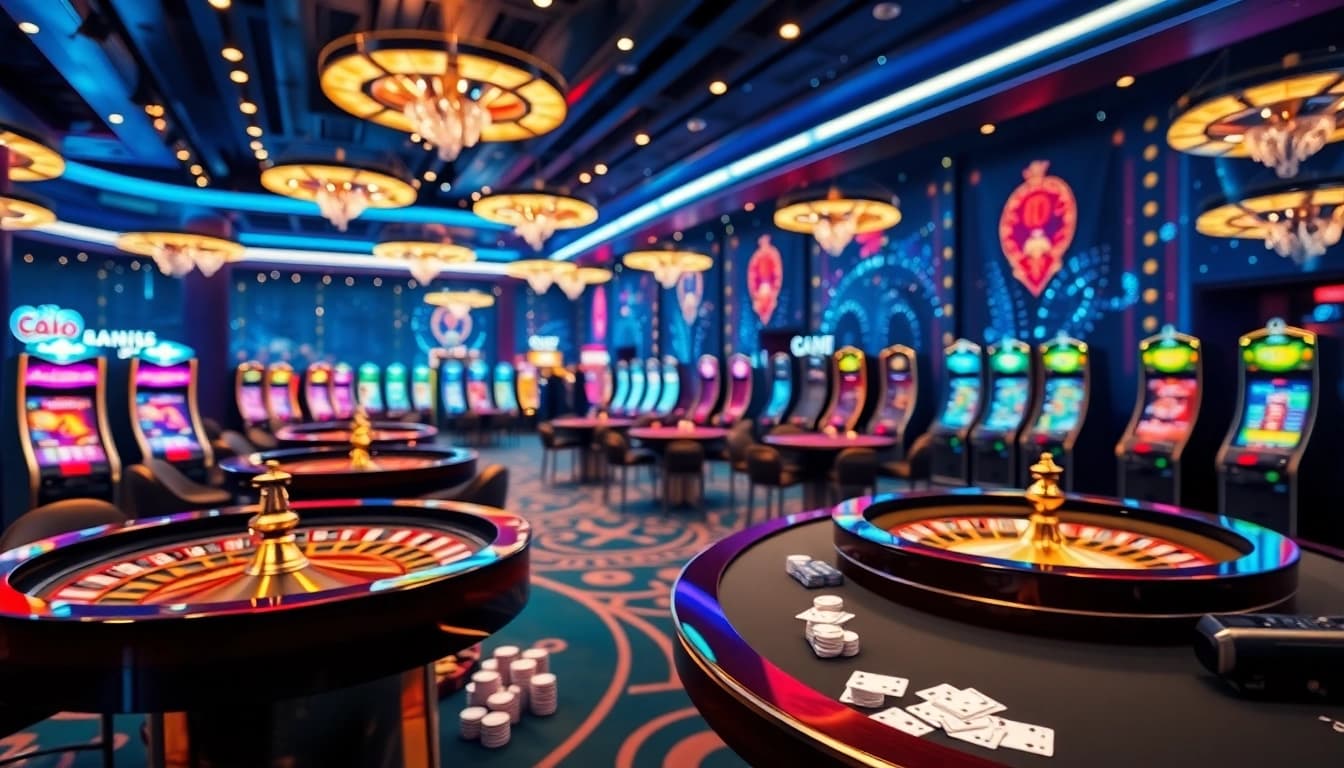 Experience the thrill of online gaming at thabett.io with vibrant casino visuals, poker chips, and slot machines.