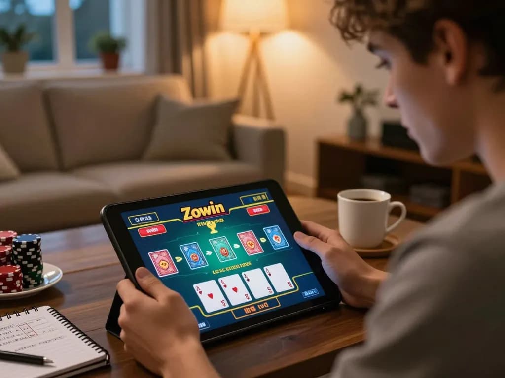 Zowin player engaging with a live dealer game on tablet, showcasing strategic betting in a cozy home.