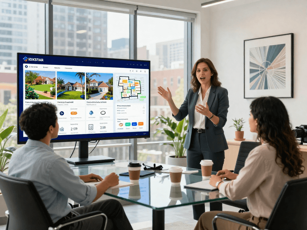 Real estate agent showcasing IDXSTAR property listings to clients in a modern office.