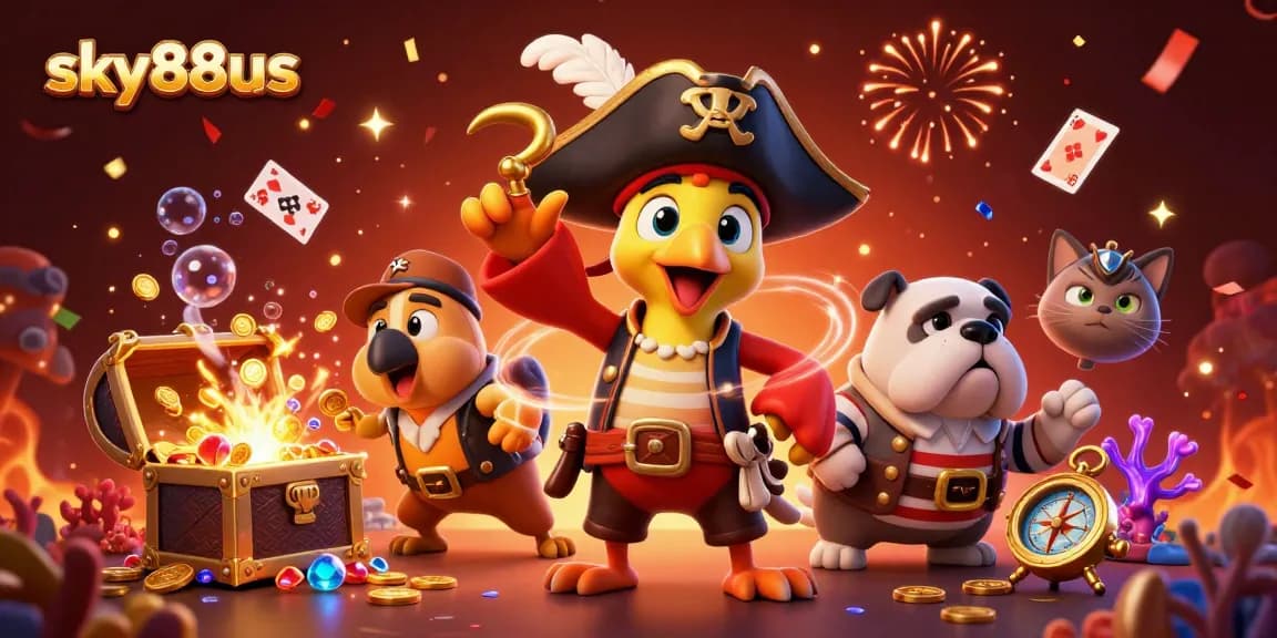 Engage in thrilling gaming with sky88us featuring a pirate captain, treasure, and casino elements.