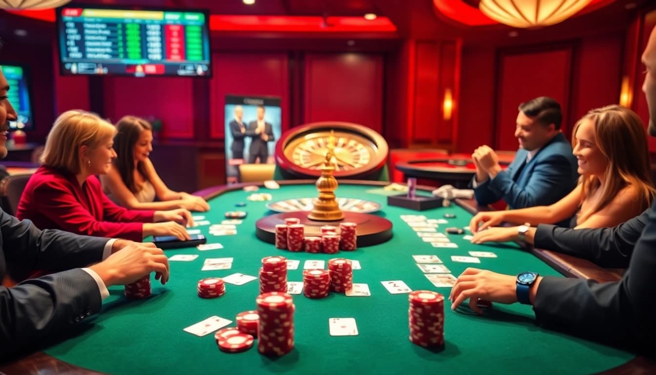 Engaging poker scene highlighting tỷ lệ kèo nhà cái with vibrant chips and professional layout.