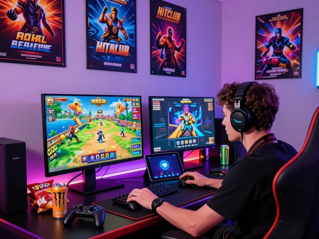 Engaged player enjoying Hitclub's dynamic online gaming experience, surrounded by vibrant game logos and gaming setup.