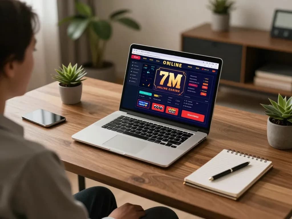 Playing at 7M online casino with a sleek laptop, enjoying a cozy home gaming atmosphere.
