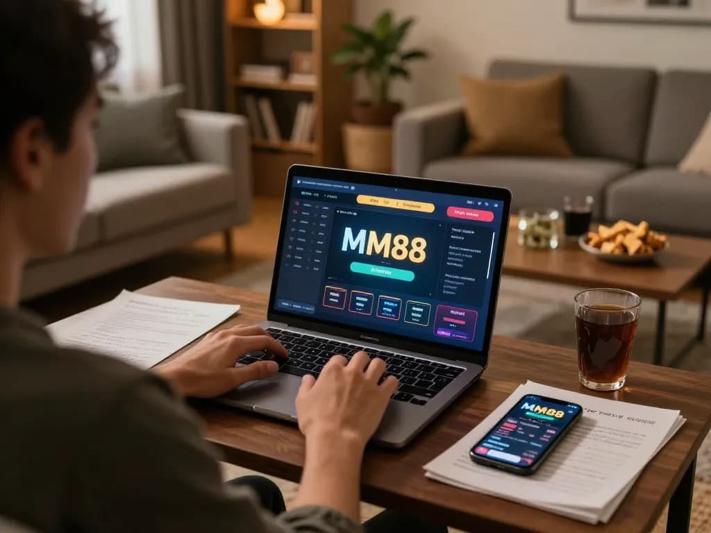Engaged player enjoying MM88 online casino experience in a cozy home environment, strategic notes and smartphone close by.