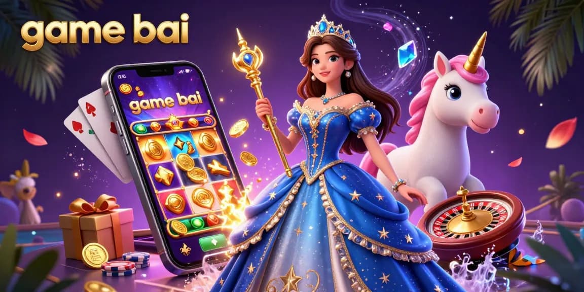 Experience the thrill of game bai with an enchanting 3D illustration, showcasing a beautiful woman and a magical unicorn.