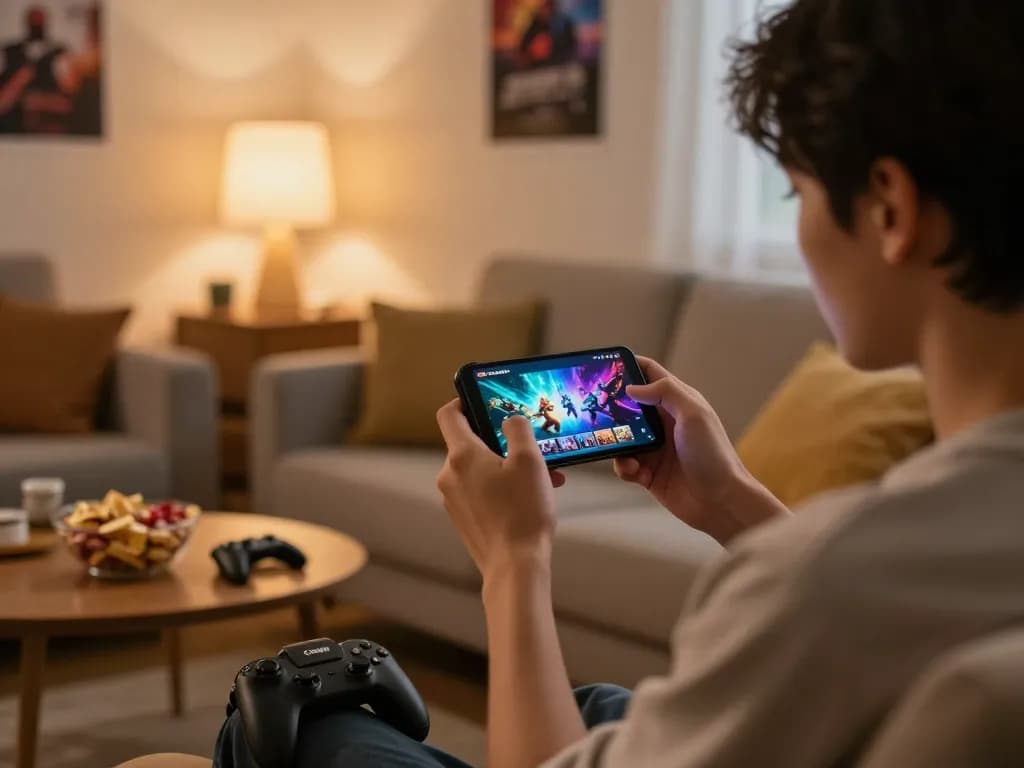 Engaged user exploring the tải sunwin gaming platform in a cozy living room setting.