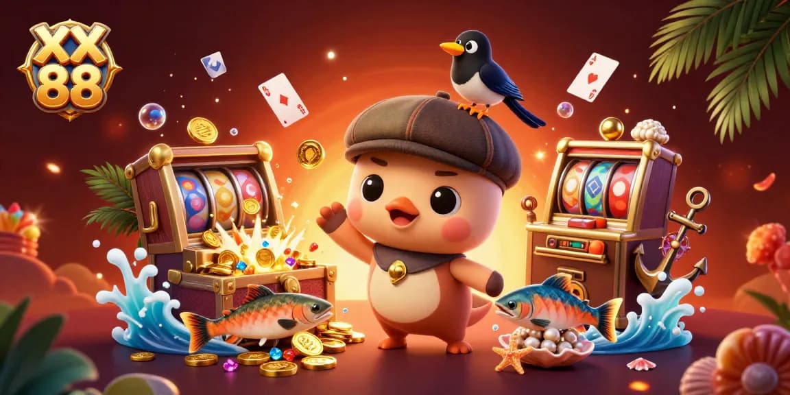 Experience the thrill of wins at XX 88 with playful characters and vibrant slots surrounded by jewels.
