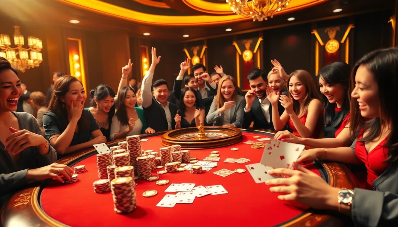 Exciting TG88 casino scene with players engaging at a luxury gaming table, showcasing poker chips and cards.