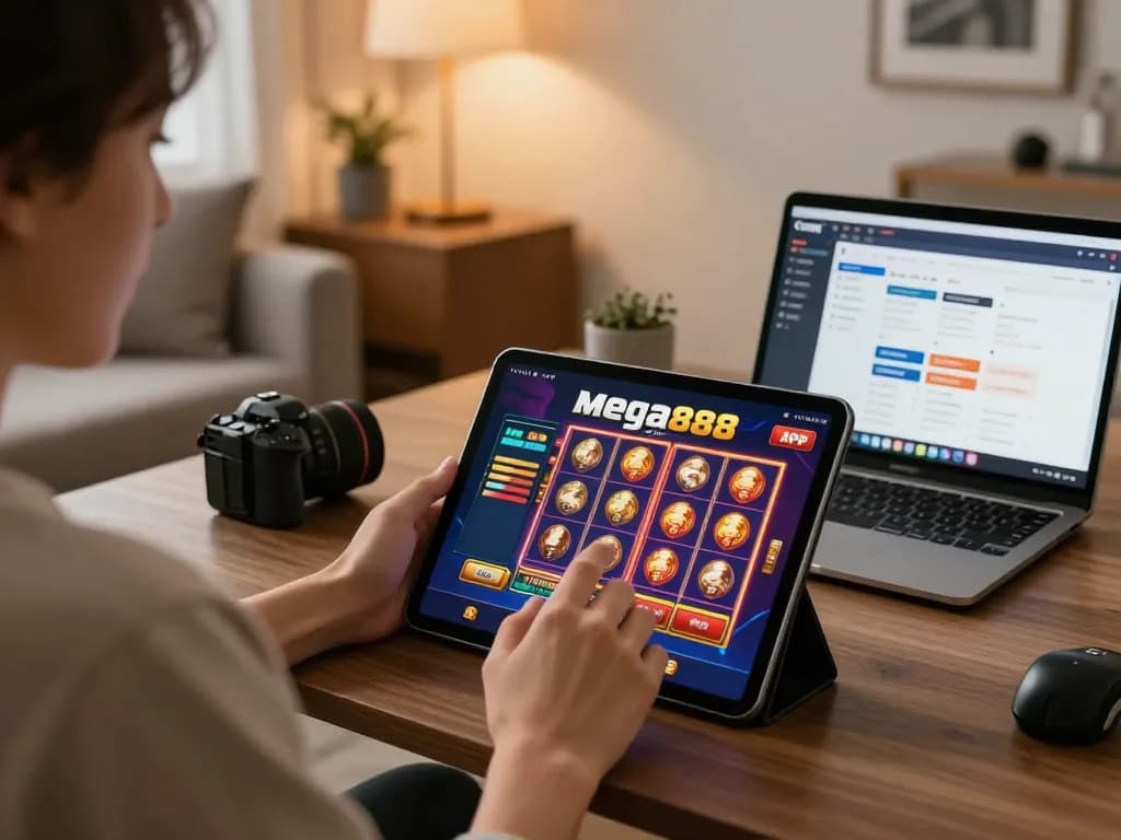 Mega888 original apk gameplay on modern tablet in a cozy home office environment.